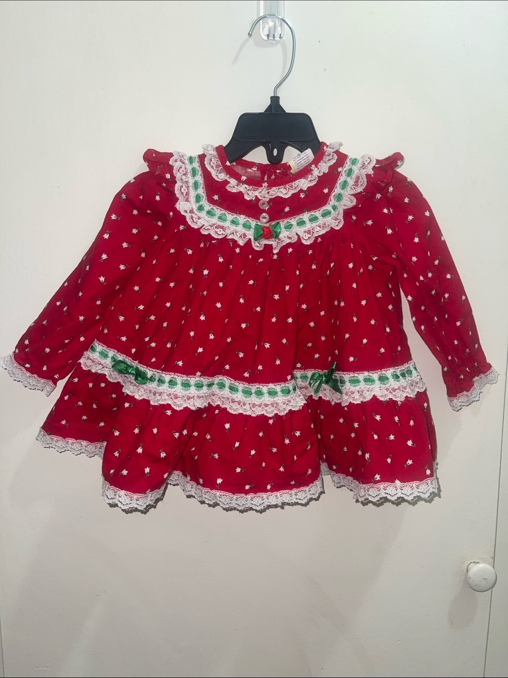 Vintage Red Lace-Trim Baby Dress with Green Accents Sz 12M